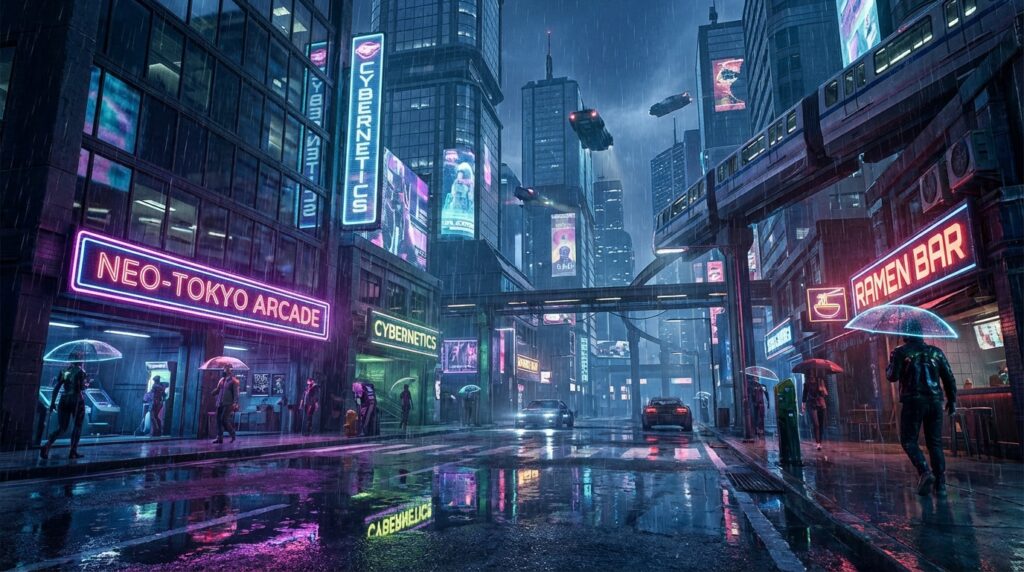 영화 포스터 같은 사이버펑크 도시
프롬프터