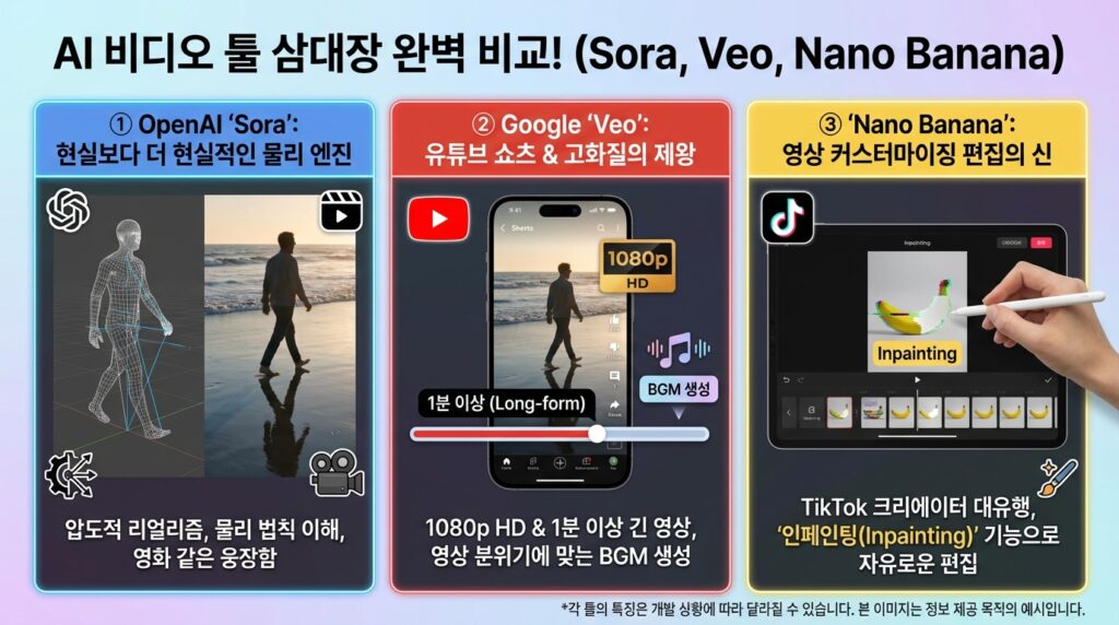 영상 AI계의 삼국지 : 소라 vs 비오 vs 나노바나나